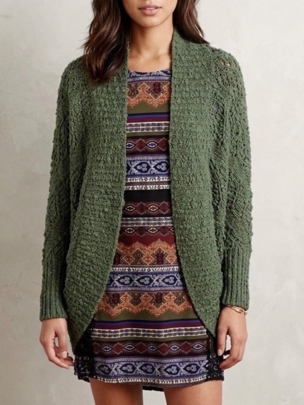 Anthropologie Green Slouchy Knit Dolman Sleeve Open Front Cocoon Cardigan S Boho